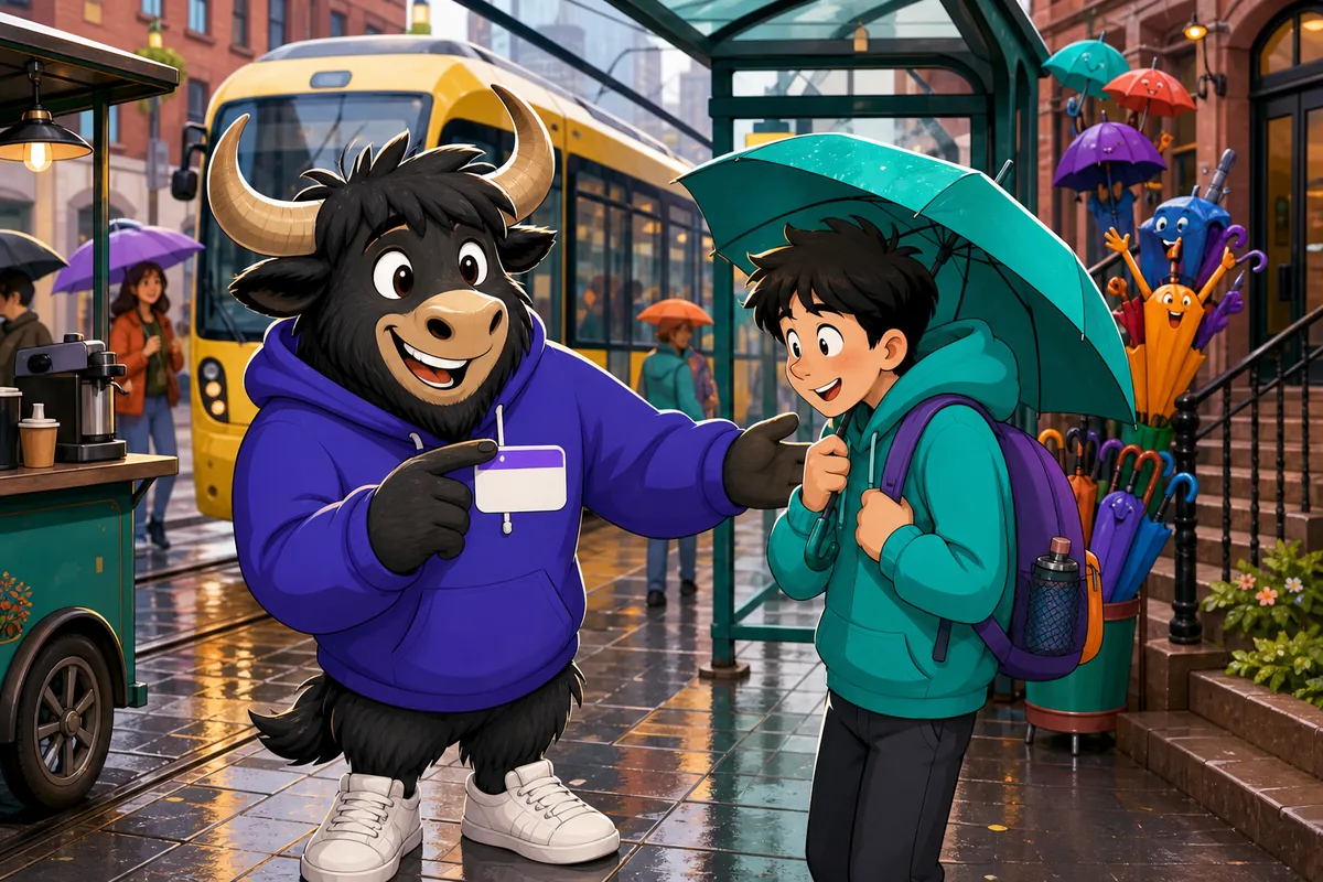 Two people smile and greet each other at a casual meetup. The scene supports English learning for first greetings and simple conversation openers.