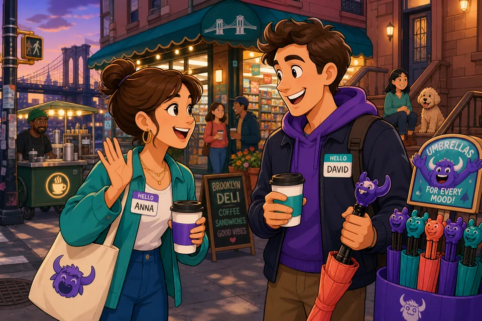 Anna and David meet for the first time and start a short conversation. The image shows English greetings, names, and polite openers in context.