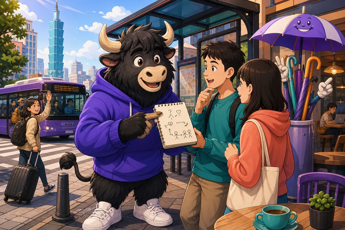 A learner politely asking for help in English while showing a phone screen to another person. The scene supports the lesson topic: asking for help.