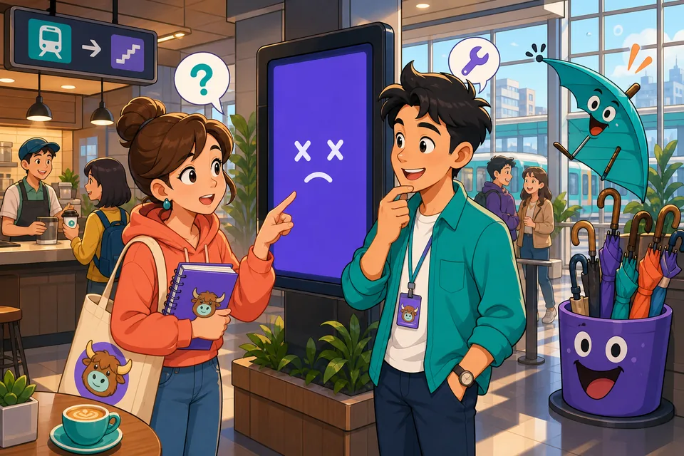 Anna and David standing near a lobby desk, using simple English phrases to ask for help. The scene connects to asking someone to look, come along, or get another person.