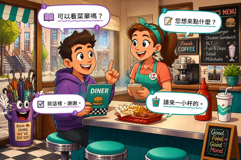 Two people ordering at a café, using simple English phrases like 'Can I see the menu?' and 'For here, please.'