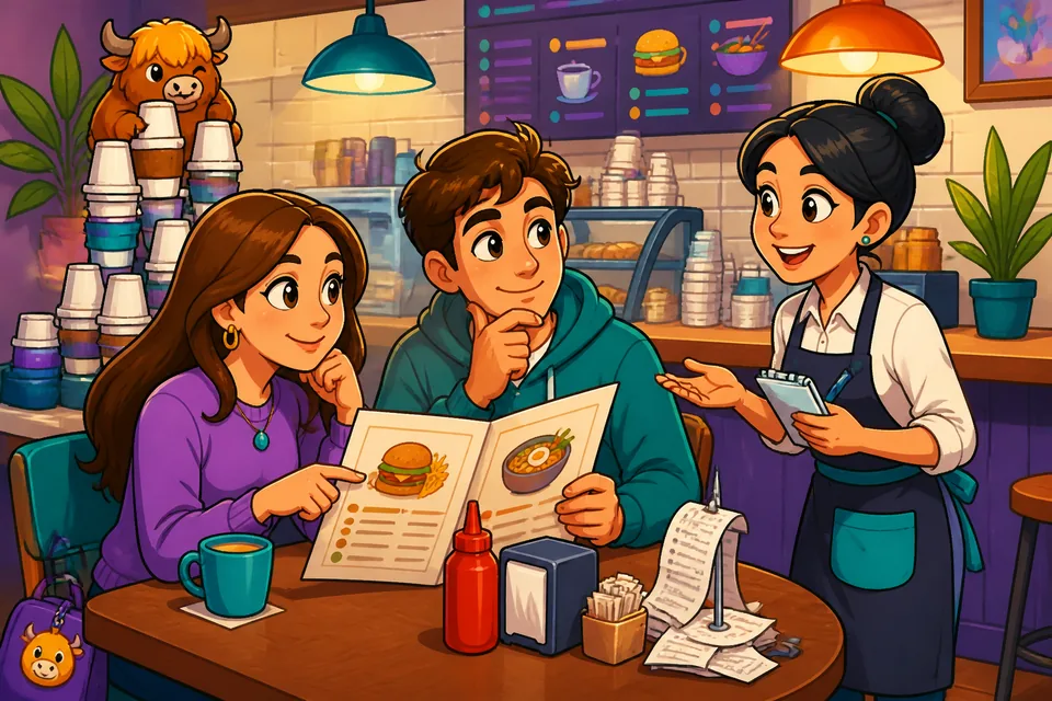 A server speaking with guests in a cafe, using phrases like 'What do you recommend?' and 'I'm ready to order.'