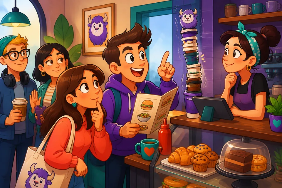 Two friends at a small restaurant deciding what to order—lesson about ordering food in English.