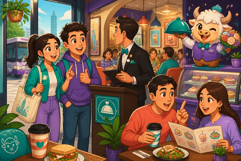 Close-up of two people speaking to a server and using polite phrases like 'Can I see the menu, please?' and 'We're ready to order.'