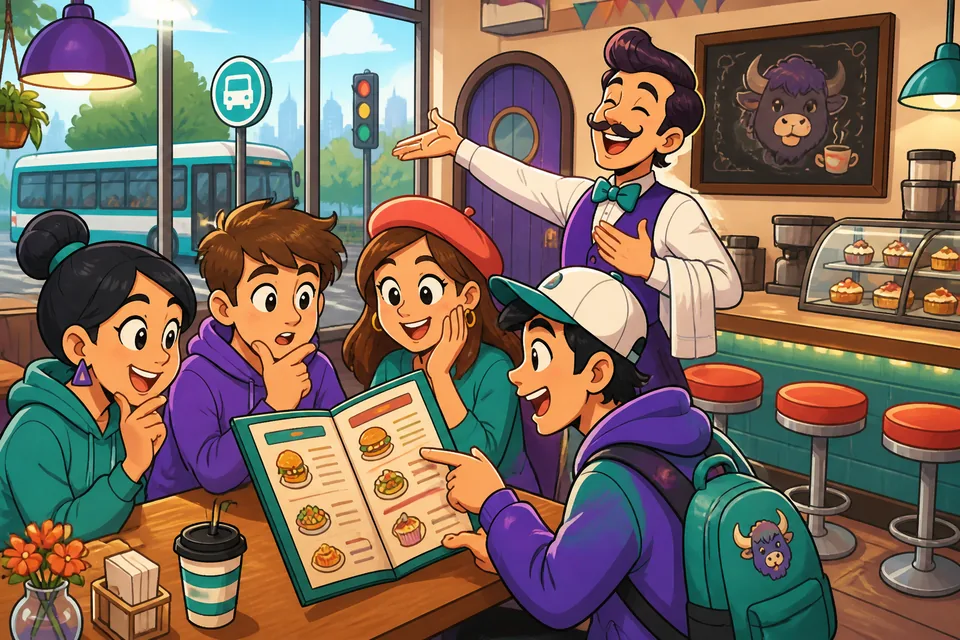 Two friends asking for a table and looking at a menu — English cafe/restaurant conversation practice.