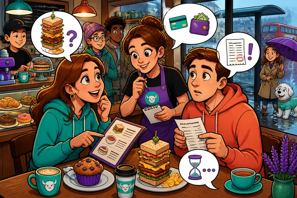 Two people at a cafe table discussing menu items and asking for the check — a real-life listening practice scene.