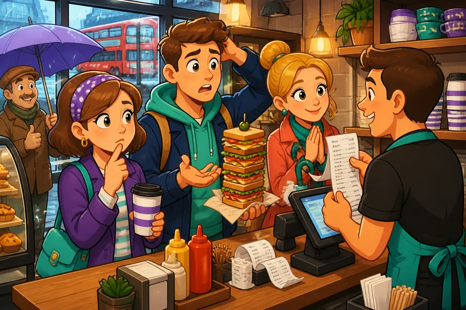 Close-up of a server listening to a customer — perfect for practicing cafe questions and short phrases.