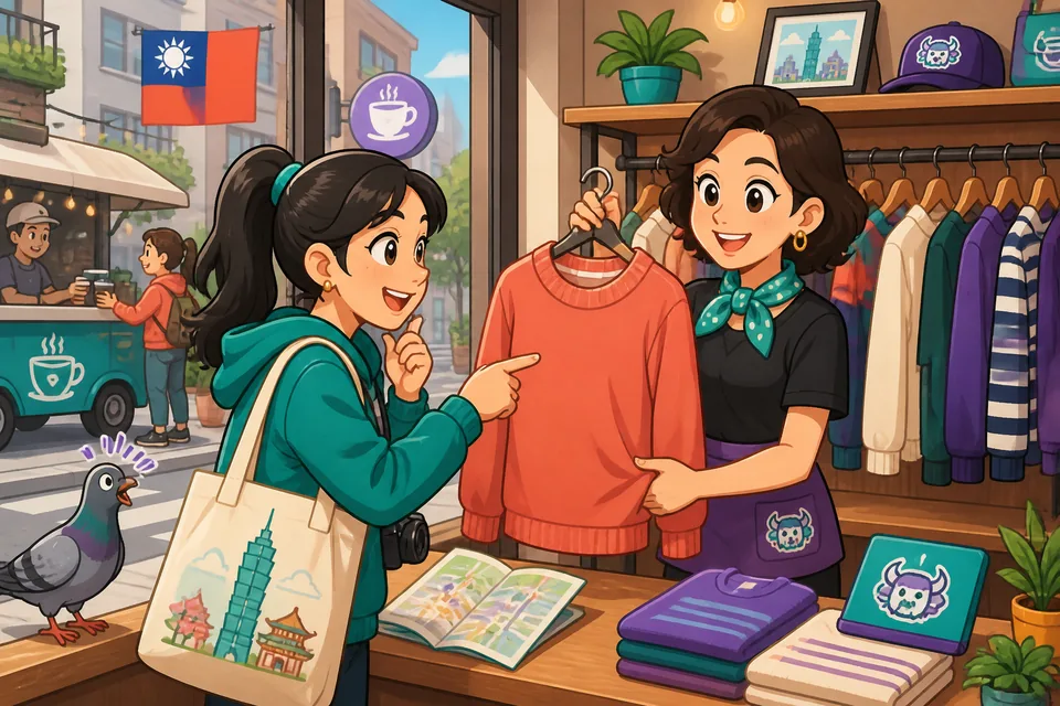 Two people in a clothing shop speak simple English phrases: asking where items are, trying things on, and paying.