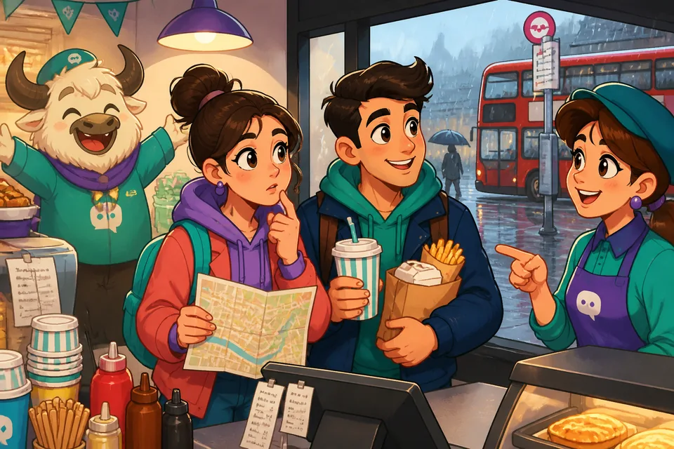A street scene where a person asks for directions — useful for learning direction phrases.