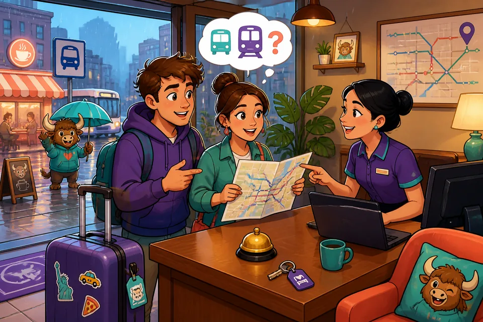 Two travelers speaking about which bus and train to take, using common transit phrases and questions.