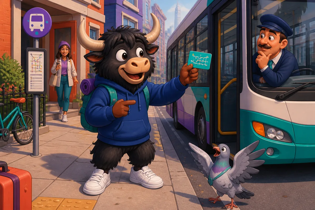 Traveler holding a bus ticket and speaking politely to a driver — public transport language practice in English.
