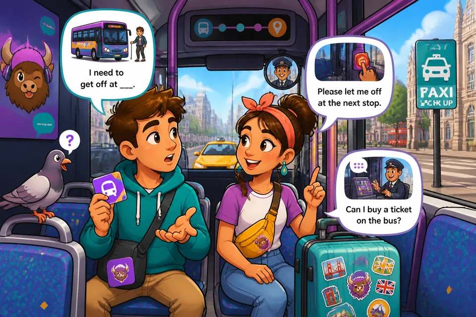 Two passengers talking on a bus, using phrases like 'Please let me off at the next stop' and 'Can I buy a ticket on the bus?'