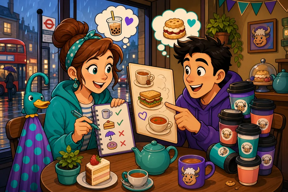 Two friends ordering together and practicing English requests like “Can I have ___?” and “I would like ___.”
