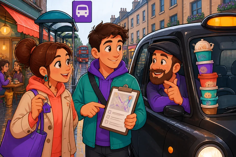 A traveler checking their phone at a ride-share pickup, practicing English taxi phrases.