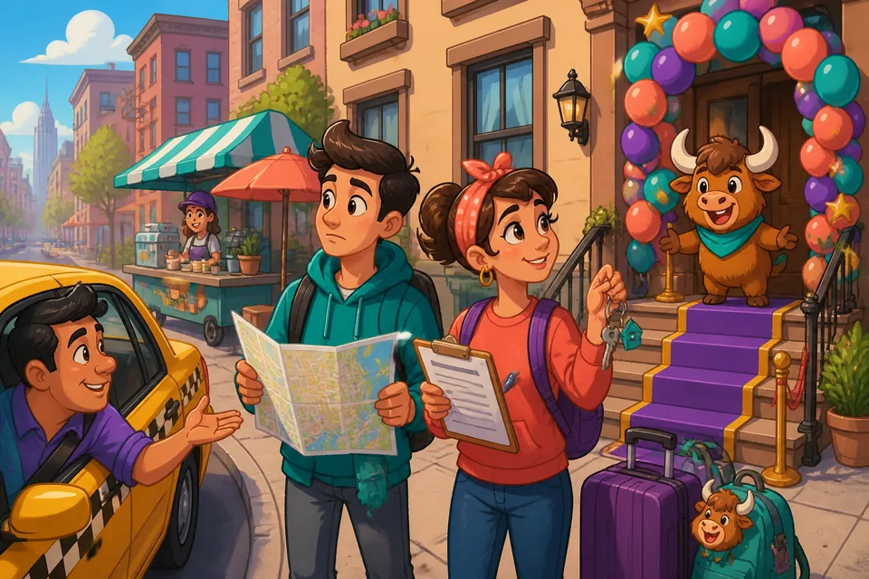 A traveler checking a map and confirming details with a taxi driver — English taxi phrases and navigation.