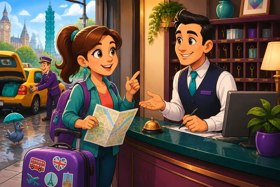 Two people talking at the reception: checking a reservation, asking about breakfast, and reporting a problem.