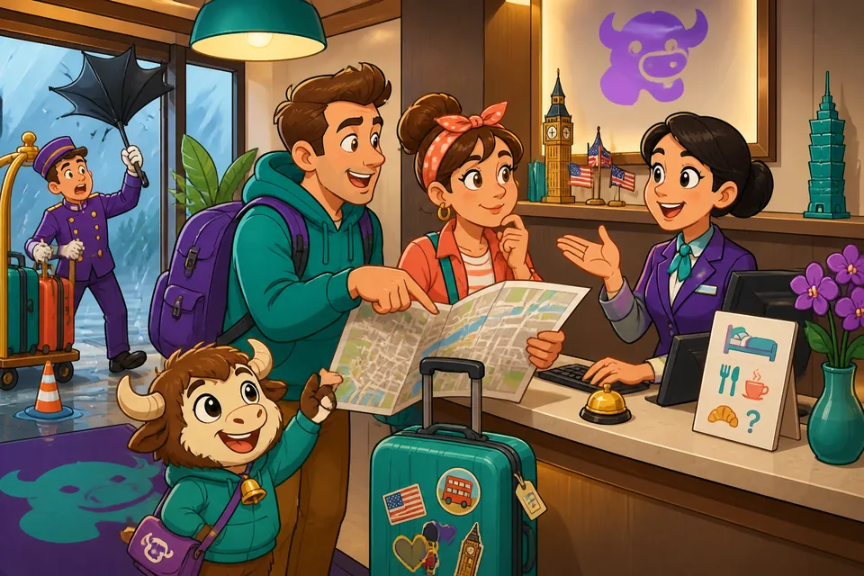 A friendly receptionist and guest at a hotel check-in desk — English practice for arrivals and requests.
