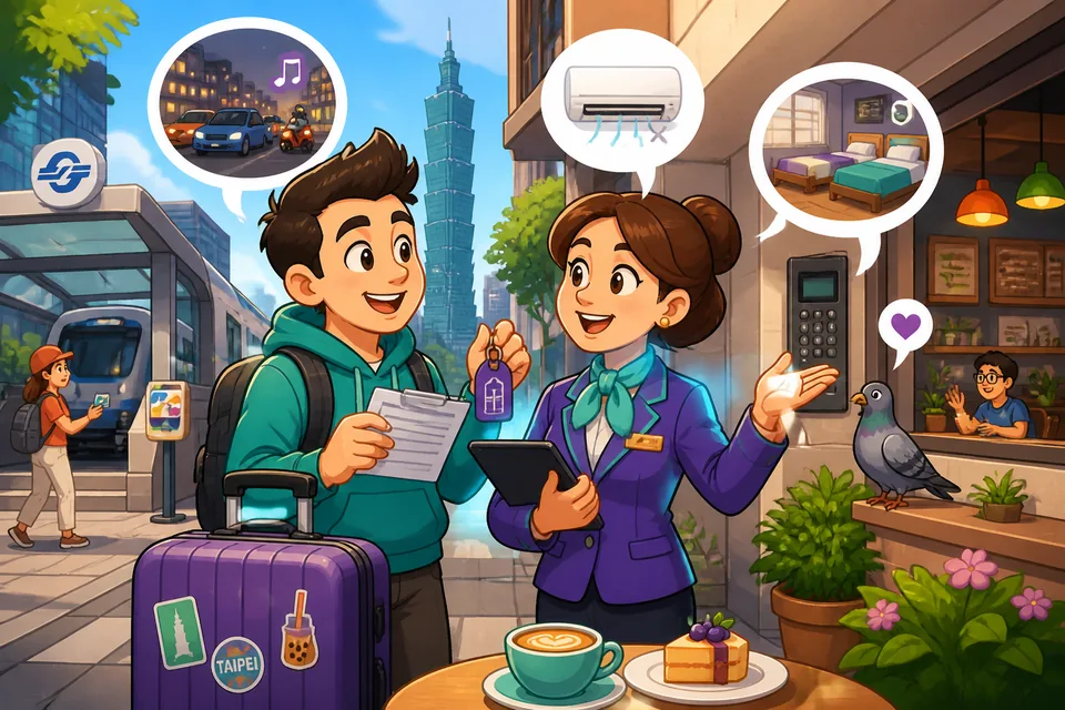 Two people talking at a front desk — mini-dialogue about room readiness and a noisy room.