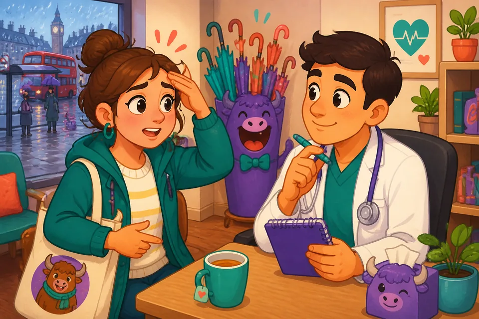 A friendly clinic waiting room where a patient is preparing to describe symptoms in English.