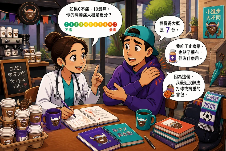 Close-up of a short patient–doctor conversation about pain level and follow-up questions — Doctor Visit lesson.