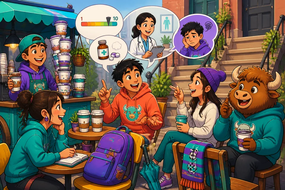 A friendly clinic scene showing a patient explaining symptoms — practice doctor-visit English.