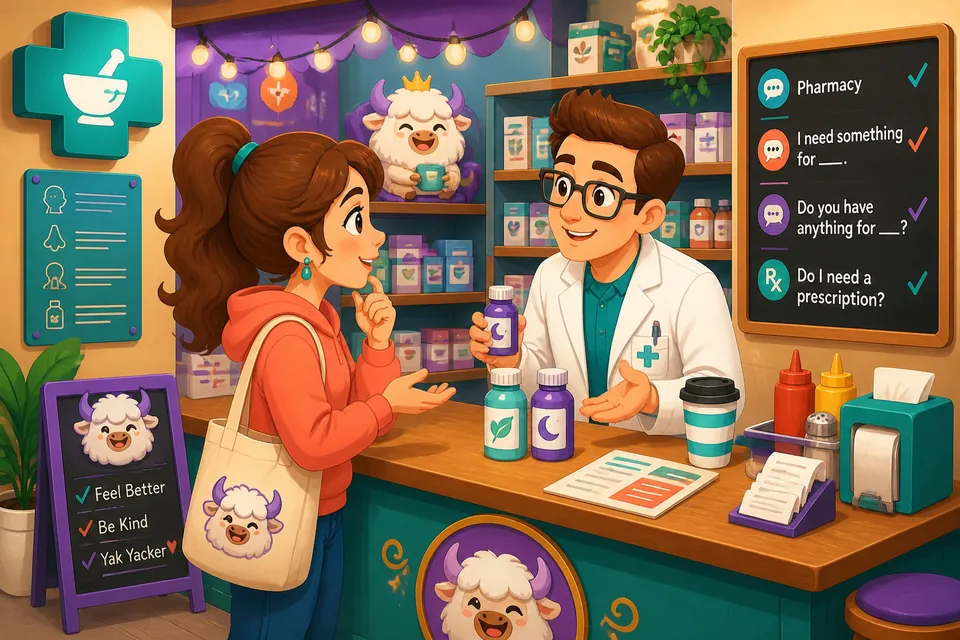Two people speaking at a pharmacy counter practicing questions about dosage, interactions, and side effects.
