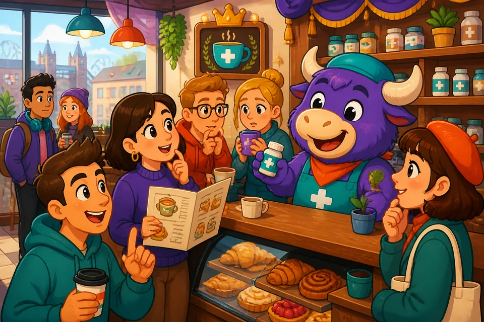 A friendly pharmacy scene showing a customer preparing to ask about cough medicine and prescriptions in English.