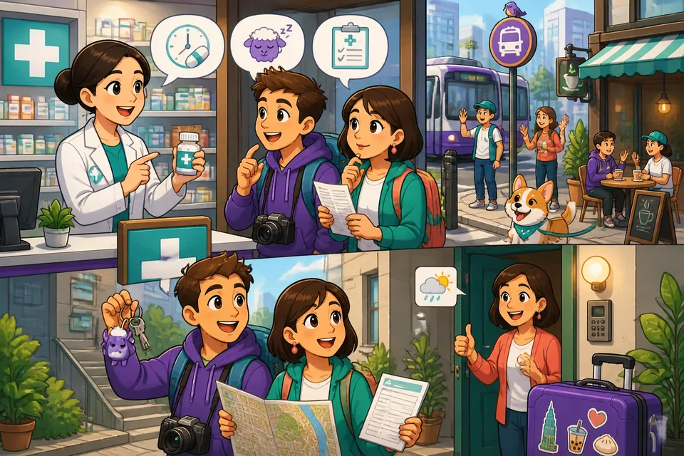 Two people talking at a pharmacy counter using practical medicine questions.