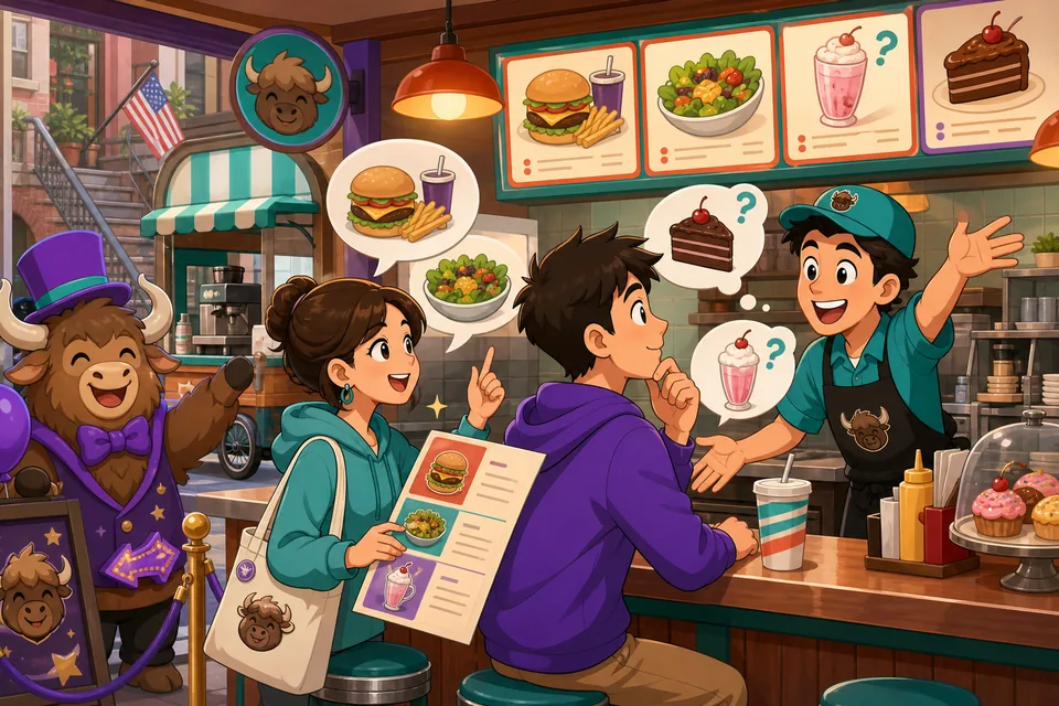Anna and David at a food counter using polite English phrases like “This one, please” and “No more, thanks.”