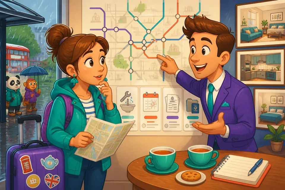 Two people talk in an apartment showing — hear and repeat practical rental phrases.