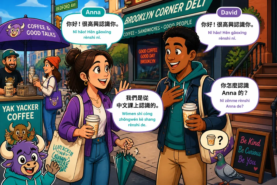 Anna and David in a short conversation using meeting and introduction phrases for beginner English learners.