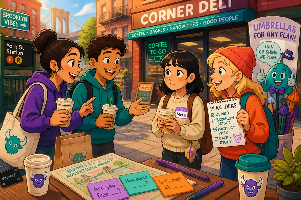 A cozy coffee shop where learners practice asking "Are you free ___?" and suggesting times.