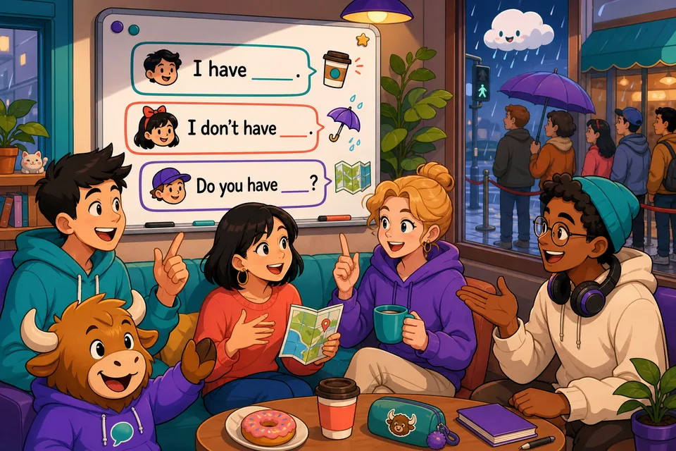 Two friends look at mixed-up everyday items on a table and practice saying what they have in English.