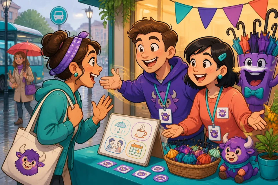 A casual coffee break scene where people ask and answer "Do you have plans this weekend?" — an A2 conversation topic.