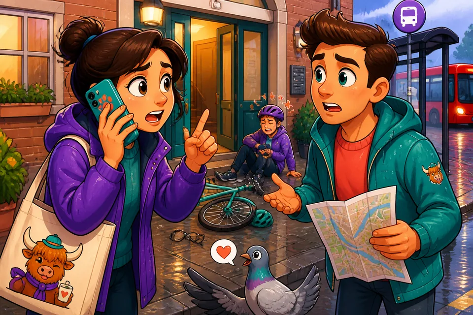 Close-up of a short emergency conversation in English: asking for help, checking injuries, and calling for services.