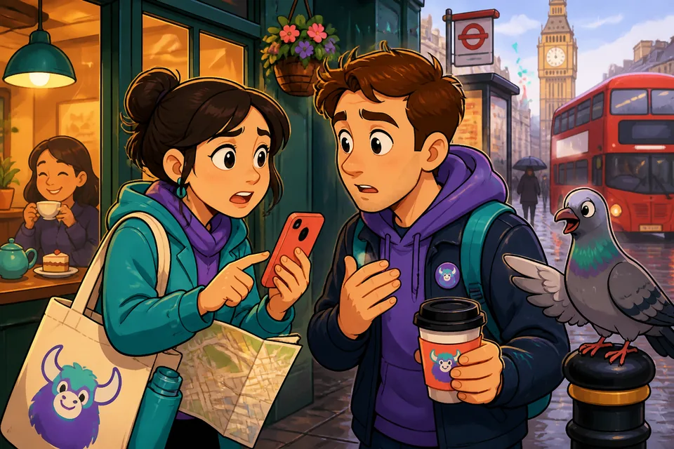 A small scene showing two people handling a minor emergency while speaking key English phrases.