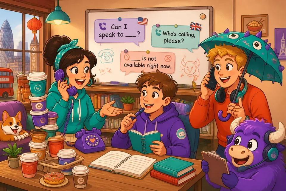 A friendly reception desk answering a phone call — practicing ‘Can I speak to ___?’ and related phrases.