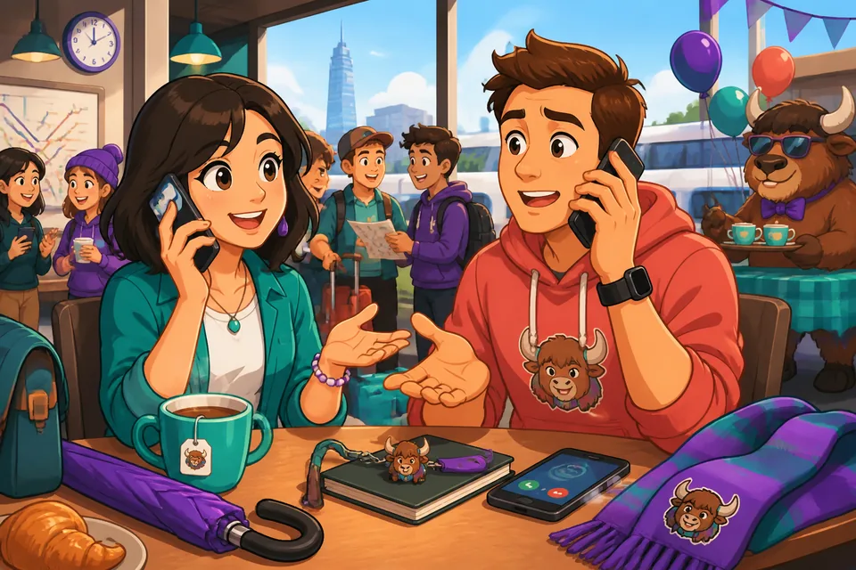 Anna and David on a phone call using phrases such as 'Please hold for a moment' and 'I got your message' in a short dialogue.