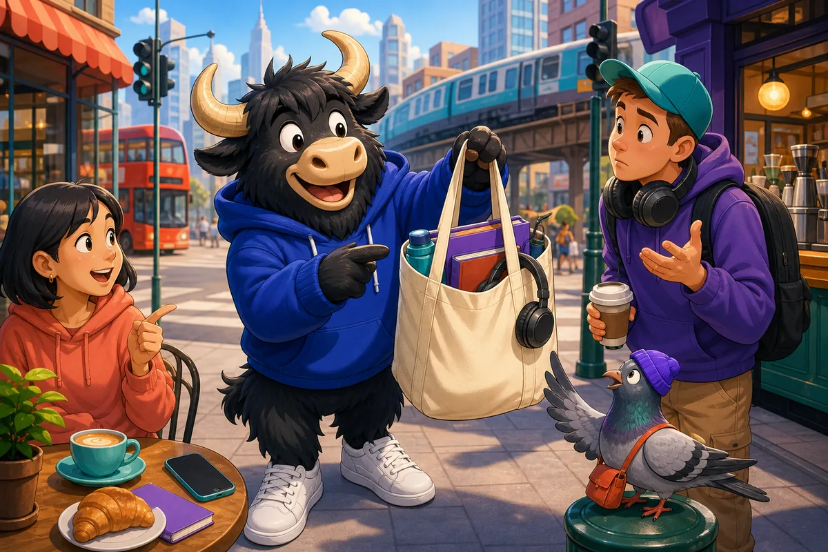 Two English learners look at several everyday items on a table and ask who they belong to. The scene supports an English lesson about possession phrases.