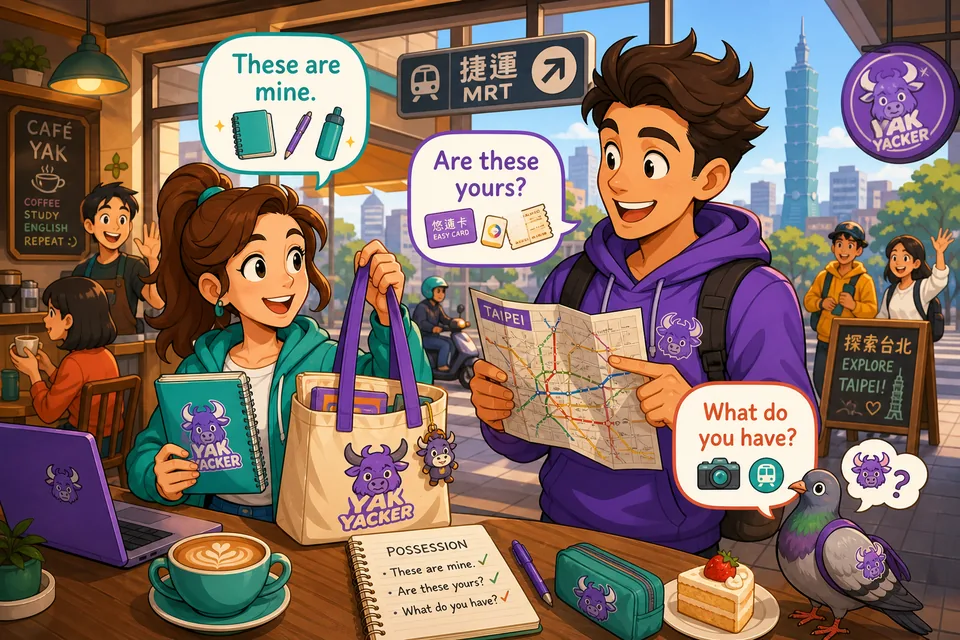Anna and David sort shared items while practicing English phrases like “Are these yours?” and “These are mine.”