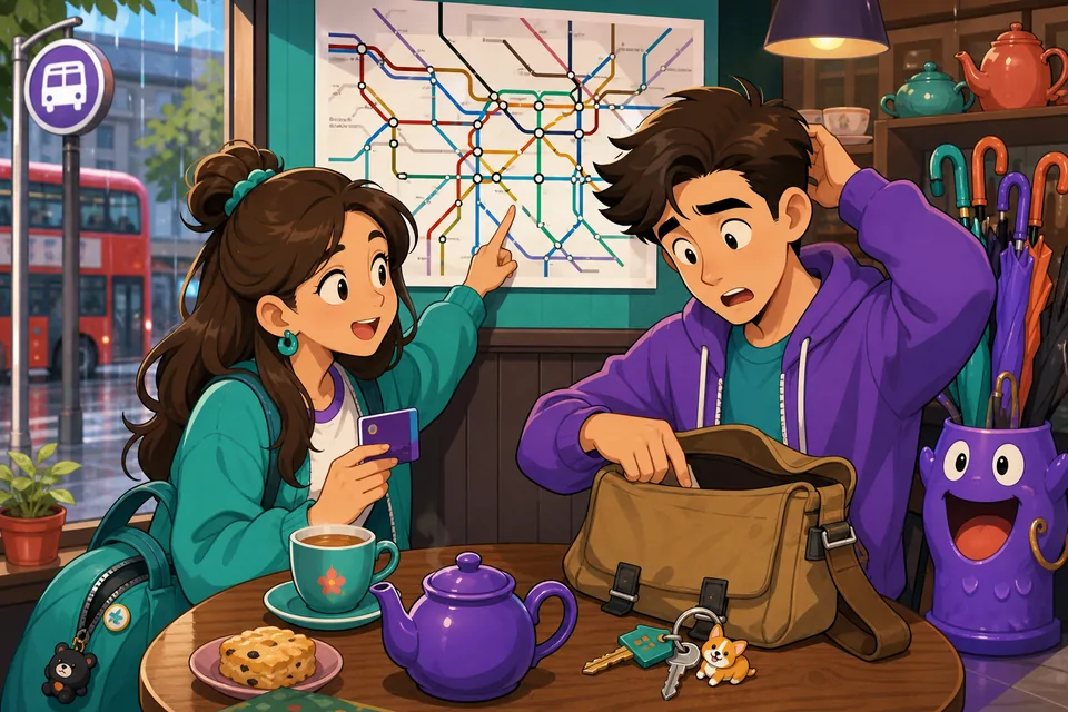 Anna and David stand near a café counter and look for a bag, using simple English phrases to ask and answer about location.
