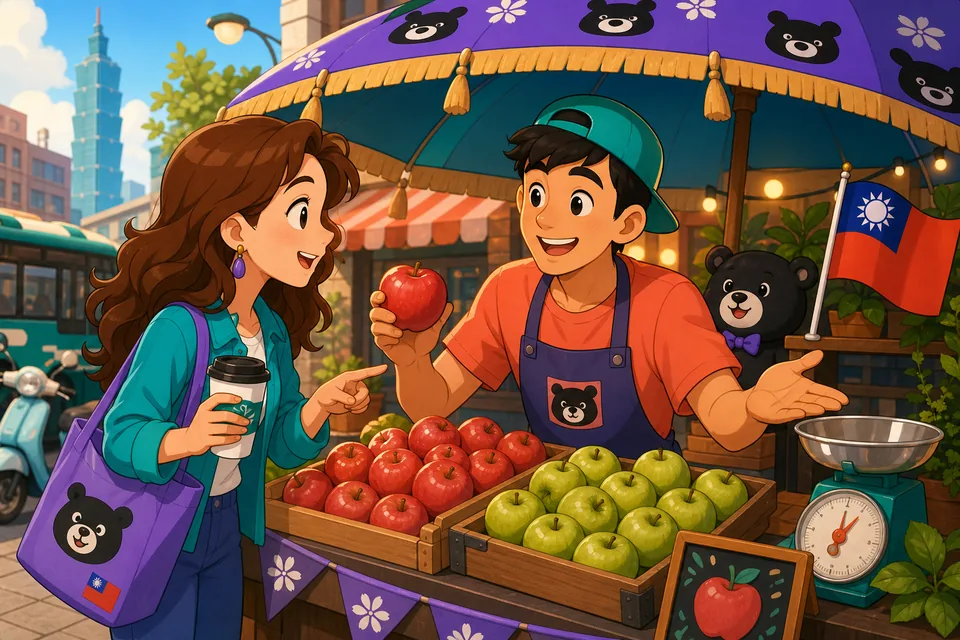 Anna speaks with David at a market stall while checking the price of apples. The scene shows a natural English shopping conversation about quantity and total price.