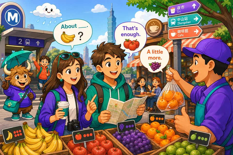 Anna and David talk with a seller at a fruit stand, using simple English phrases to choose an amount and check the price.