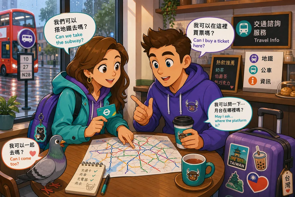 Anna and David talking in a café about using a chair, taking a menu, and checking if photos are allowed. The scene practices English permission questions.