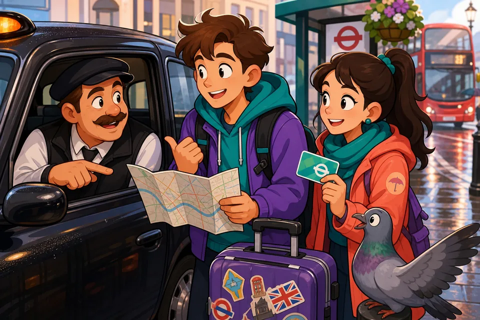Two people looking at a sign in a public place and checking what is allowed. This supports English phrases for asking permission.