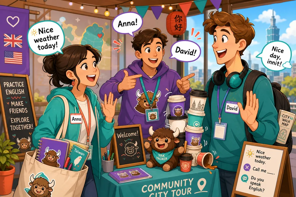 Anna and David meet near a city tour sign and use English phrases like “Good to see you” and “And you?”