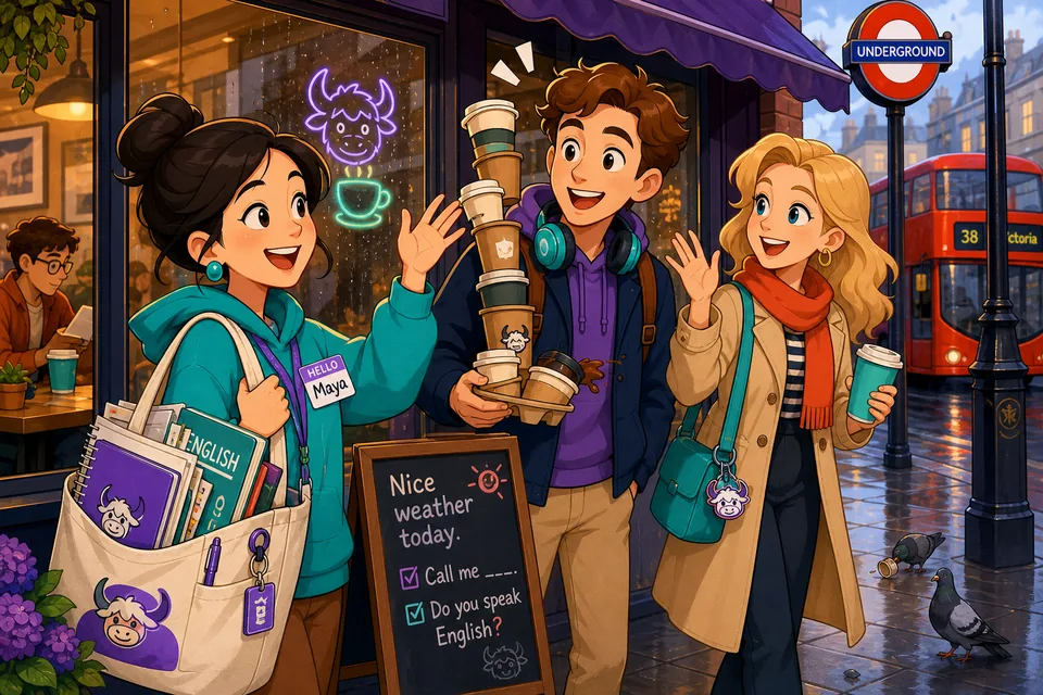 A friendly street scene with people starting simple English conversations about the weather and names.