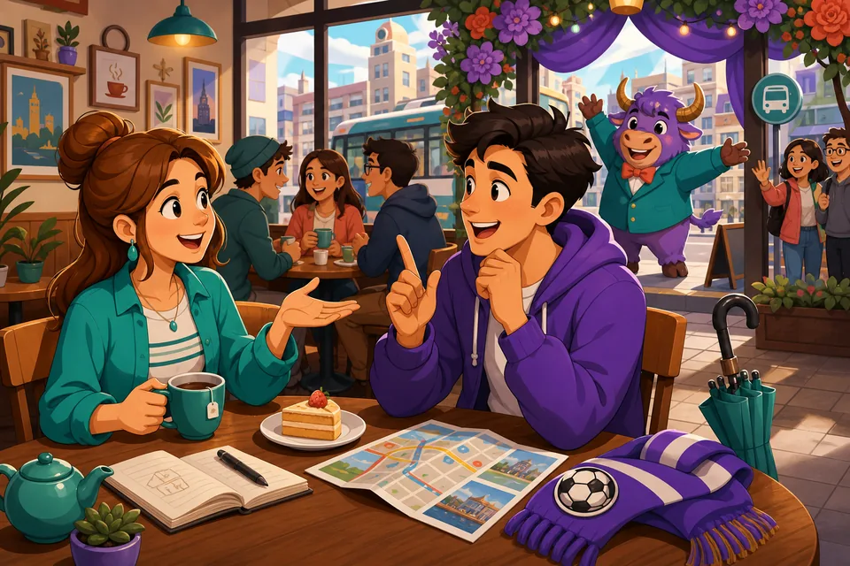Anna and David talk at a coffee counter using short English answers. The scene shows offers, plans, and polite responses.