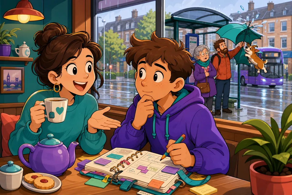 Two people outside a small café using English questions and short yes-no answers about places and help.