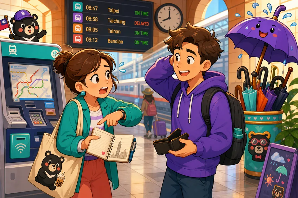 Anna and David stand near a ticket machine, using simple English phrases to explain small problems.
